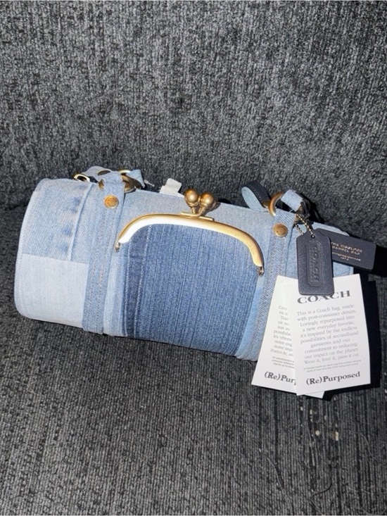 Coach Handbags - Coach Kisslock Barrel Bag 28 in Repurposed Denim & Soft Leather Brass/Indigo NWT
